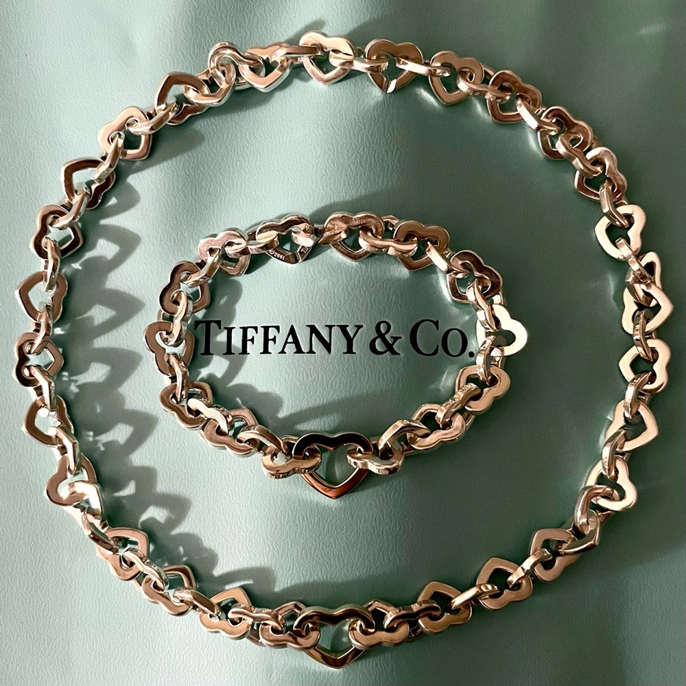 Tiffany & Co. Heart Link Necklace Bracelet Set 925 Silver 750 18k Yellow Gold